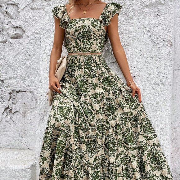 Green Casual Womens Allover Print Ruffle Trim Top & Skirt - Picture 4 of 4